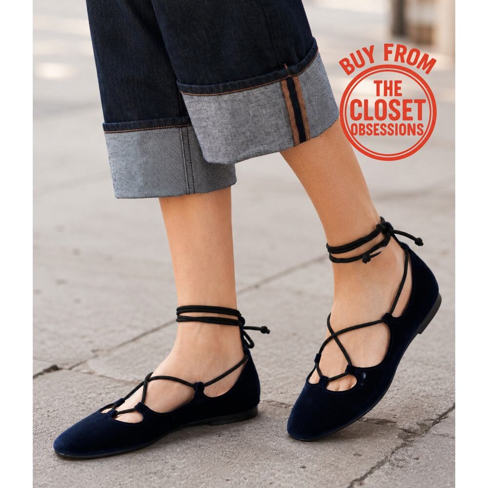 ZARA Navy Velvet Lace Up Ballet Flats NWT Balletcore Shoes Sizes 7.5 8 9 - Picture 3 of 16